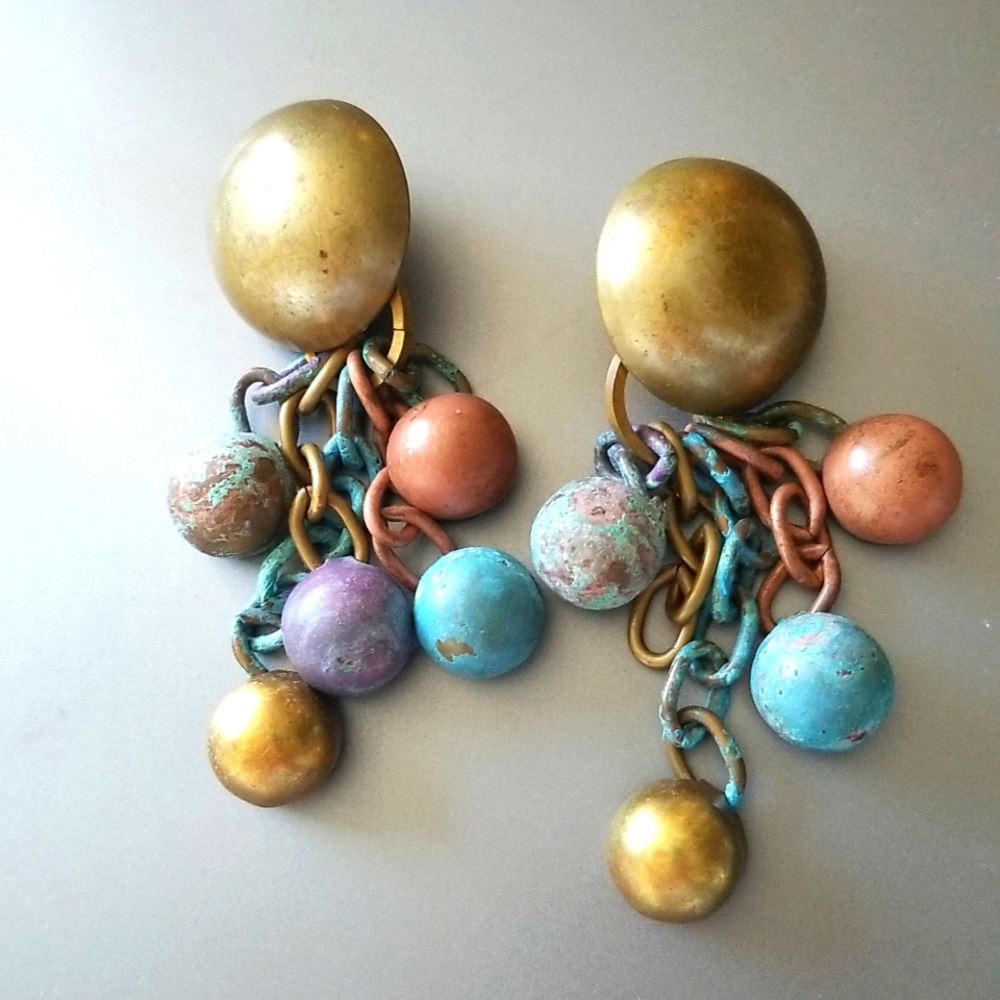 Dannah Designer Dangling Clip On Copper Brass Patina Link Handmade Earrings